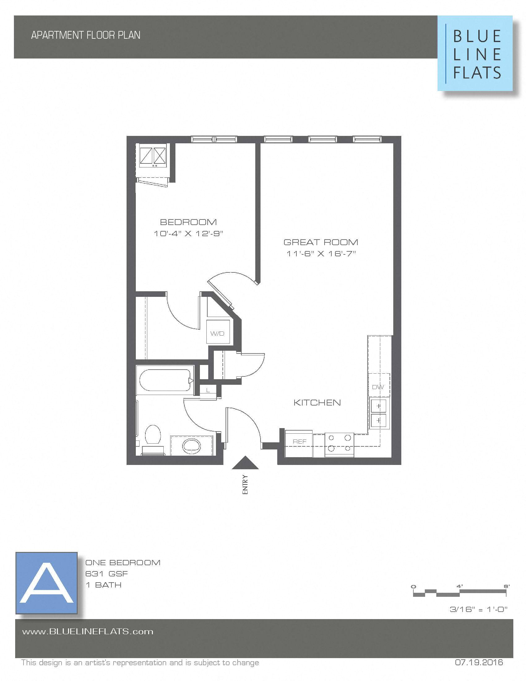 Floor plan for 1 bed, 1 bath, 595 sqft